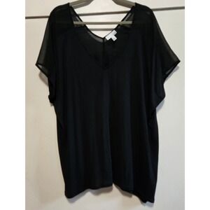 14th & Union Women's XL Black V-Neck Sheer Mesh Shoulder Short Sleeve Top